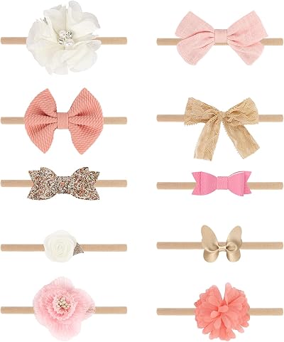 DRESHOW 10 Pack Baby Headbands and Hair Bows Nylon One Size Fits All