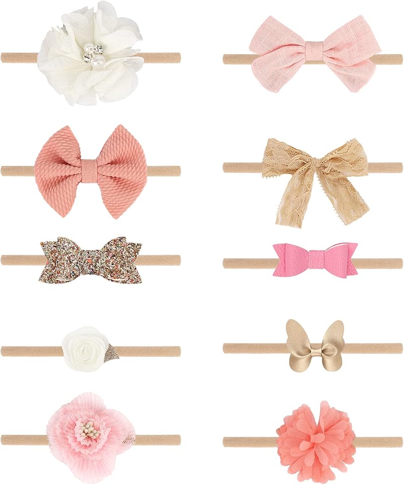 DRESHOW 10 Pack Baby Headbands and Hair Bows Nylon One Size Fits All