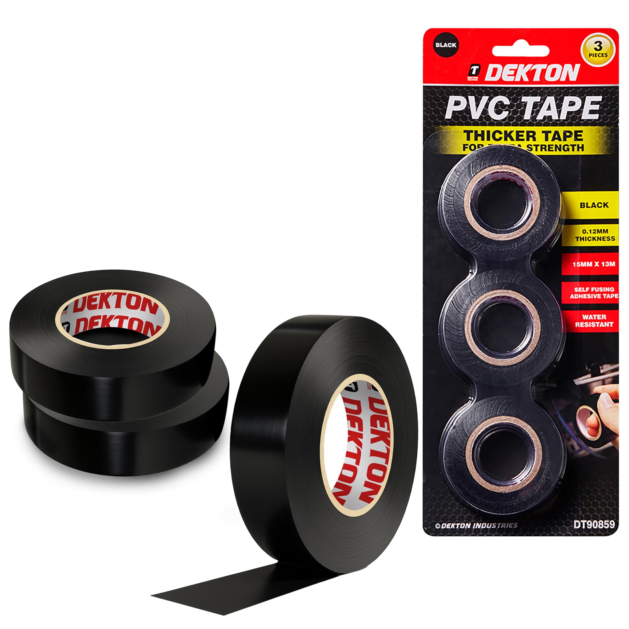 Dekton 3PC Black PVC Insulation Tape | Up to 600V Protection | Self-Fusing Adhesive PVC Tape | Water Resistant for Durability | Works in -0 to 8°C Temperatures | Strong, Reliable, and Long-Lasting