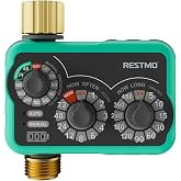 RESTMO 3-Dial Analog Sprinkler Timer, Mechnical Water Timer for Outdoor | Brass Inlet &amp; Outlet, Manual/Rain Delay, Automatic Drip Irrigation System, 480 Minutes Max Watering, Easy to Set Up