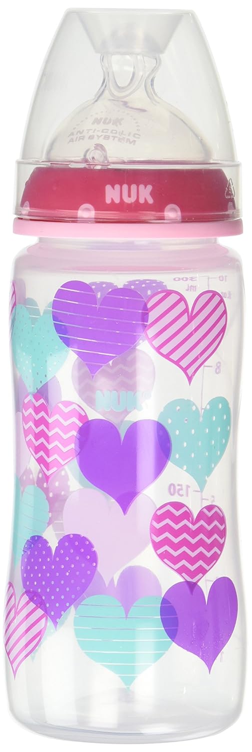 NUK Trendline Bottle with Silicone Medium Flow Nipple, 0+ Months, Color May Vary, 10 oz