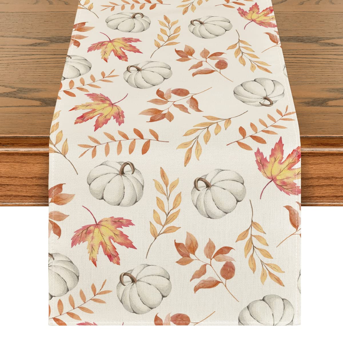 Photo 1 of Artoid Mode Orange Pumpkins Fall Maple Leaves Fall Table Runner, Seasonal Autumn Kitchen Dining Table Decoration for Home Party Decor 13x48 Inch