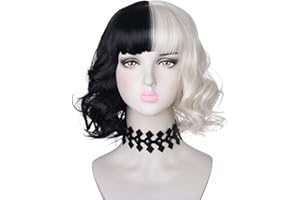 AMZCOS Black and Light Blonde Wig with Necklace Choker for Womens Girls Cosplay Costume Short Wavy Bob Synthetic Wigs with Bangs for Halloween Party