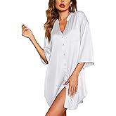 Ekouaer Satin Nightgowns for Women Silk Sleepwear Button Down Sleepshirt 3/4 Sleeve V-Neck Nightshirts with Pockets
