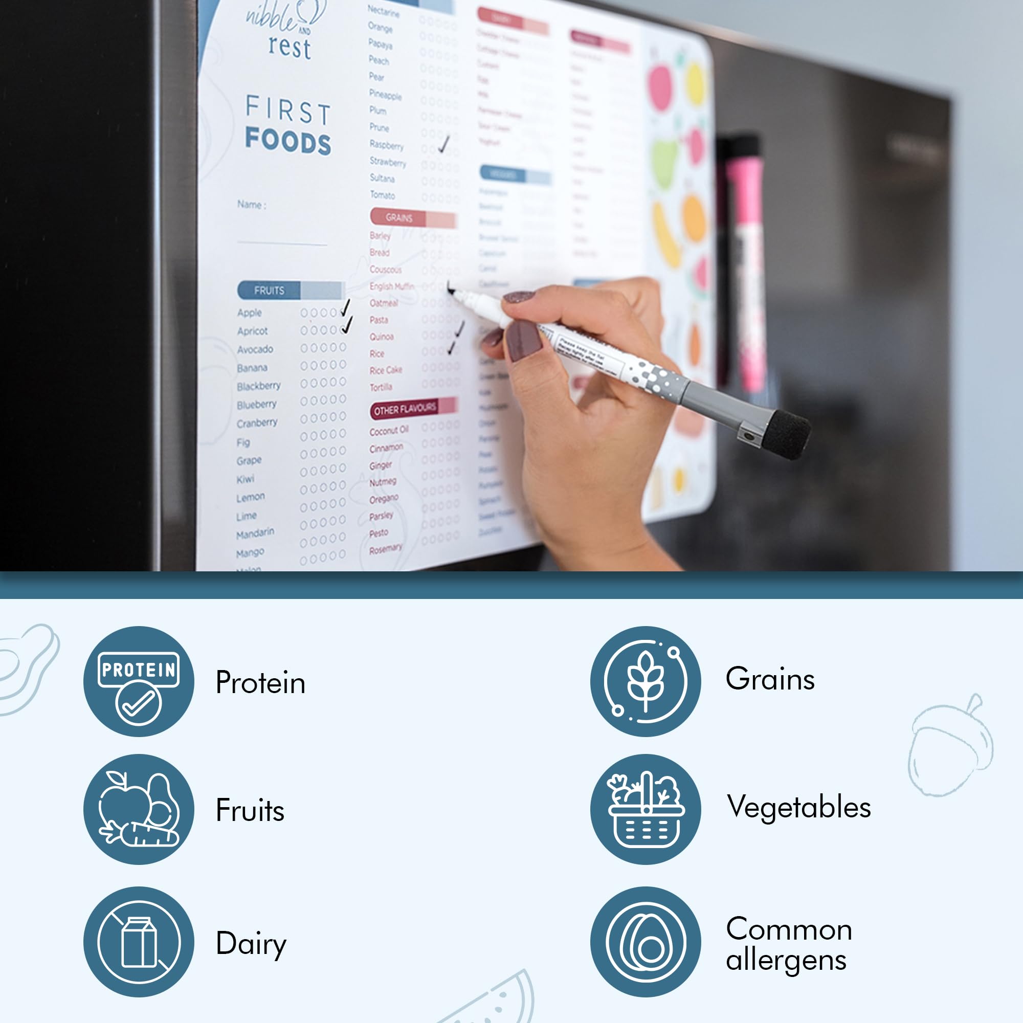 Nibble and Rest Baby's First Foods Tracker Fridge Magnet, Dry Erase Activity Poster, Daily Food Log, 101 Before One, Baby Food Chart/Checklist 25x35cm