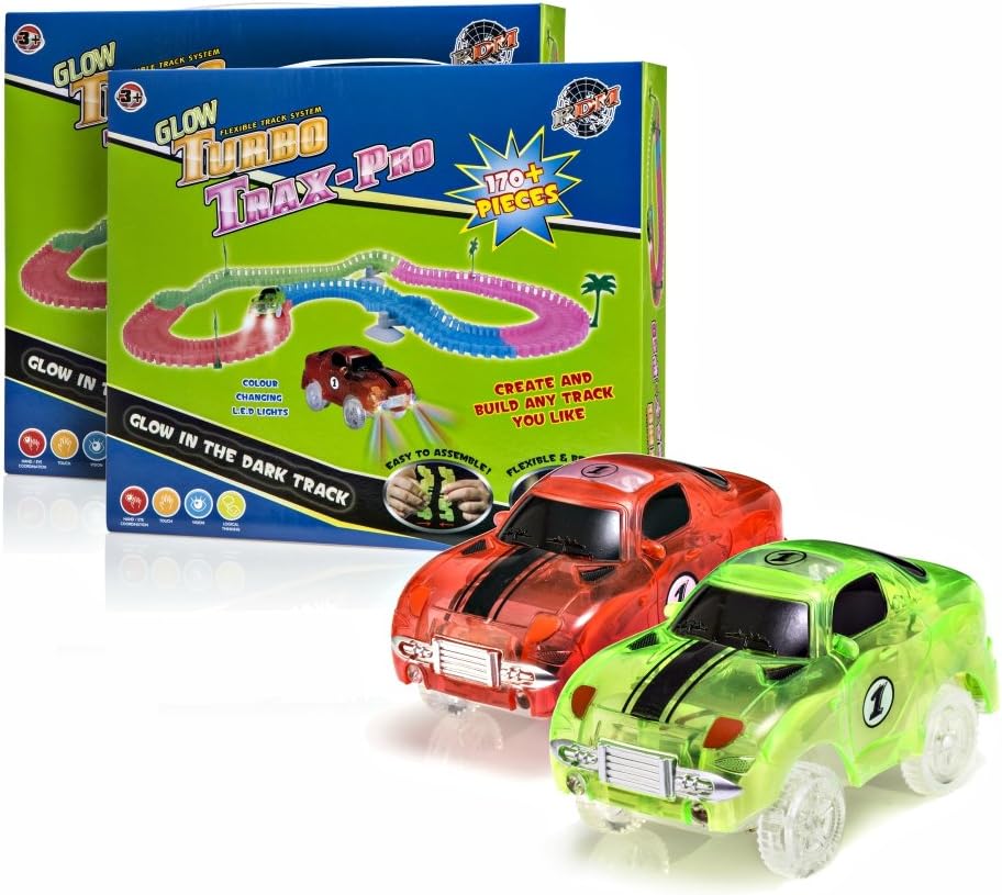Turbo Trax Glow in the Dark Kids Race Car with Track Twinpack