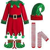 ODIZLI Kids Girls Elf Christmas Costume Long Sleeve Velvet Dress Boys Elf Robe with Hat Socks Shoes Cover Xmas Outfits