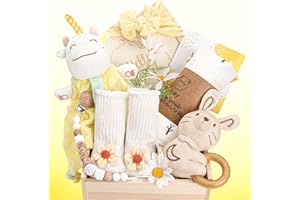 Elysirise Baby Girl Gifts, for Girls,Baby Girl Newborn Essentials-Unique Baby Girl Gifts,Wooden Baby Gift Basket Swaddle Blanket Rattle Toy Headband Bow Infant