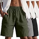 Evervibe 3 Pack Men's Cotton Linen 9" Inseam Shorts Drawstring Elastic Waist Beach Casual Summer Bermuda with Pockets