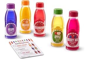 Melissa & Doug Tip & Sip Toy Juice Bottles and Activity Card (6 Pcs) Pretend Play Food Set, Play Kitchen Food For Ages 3+