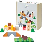 PlanToys&reg; Country Blocks Wooden Montessori Building Imaginative Kids Play | shapes, houses, construction toys, sorting &amp; stacking toys, girls, boys, spatial STEM fine motor creative gift set preschool