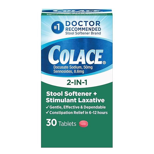 COLACE 2-IN-1 STOOL SOFTENER & STIMULANT LAXATIVE TABLETS, GENTLE CONSTIPATION RELIEF IN 6-12 HOURS, 30 COUNT