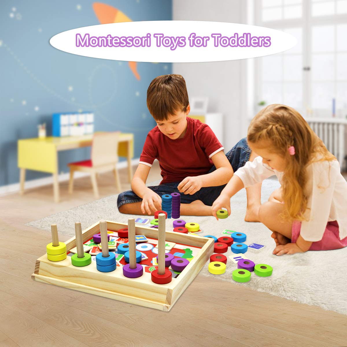 Lydaz Wooden Puzzles Counting Toys, Montessori Preschool Learning Math Toys for Toddlers, Shape Sorter Stacking Blocks Toys for 3 Year Olds and Up