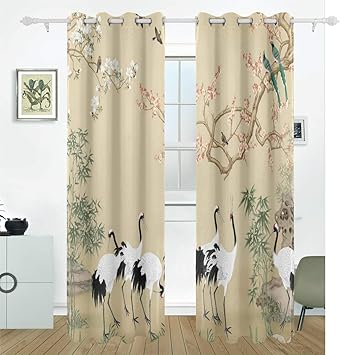 Amazon Saiaos 遮光カーテン 2枚セット ベージュのクレーン鳥竹ピンクと白の花 おしゃれ 部屋飾り 断熱 防寒 防音 省エネ 間仕切り カーテン 洗える かわいい リビングルーム 寝室 かーてん 幅100cm丈135cm カーテン オンライン通販