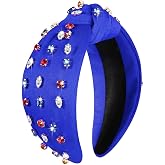 4th of July Headbands for Women, 4th of July Accessories, American Flag Patriotic Headband, Rhinestone Pearl Knotted Headband Beads Embellished Jeweled Headbands Holiday Gifts (Crystal Blue)
