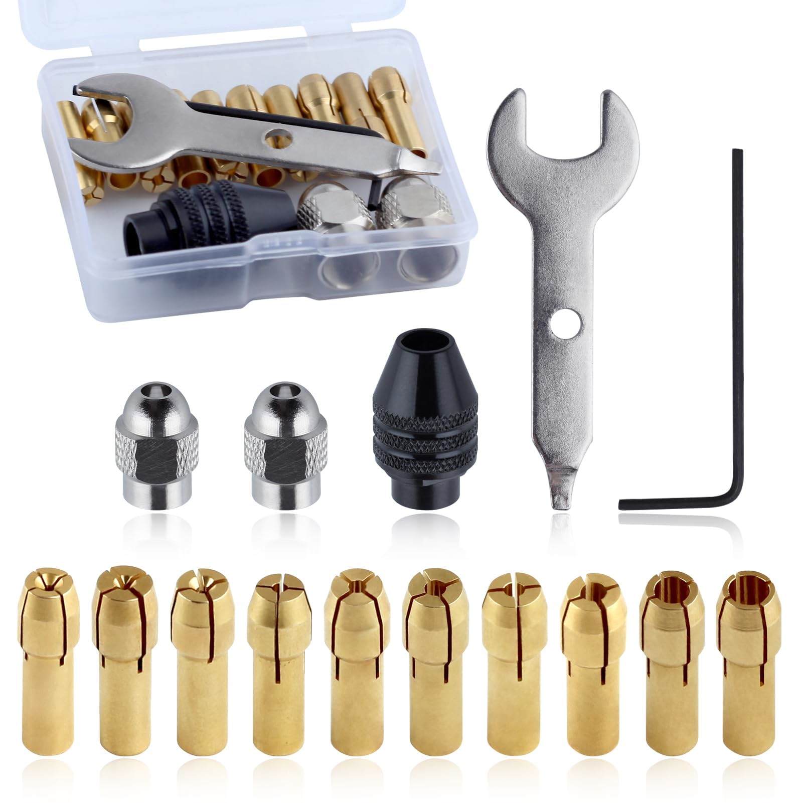 GOLD DEER 15PCS Drill Chuck Collet Set Rotary Collet Nuts Set 0.5-3.2mm Shank Replacement 4486 Rotary Tool Keyless Quick Change Chuck Accessory with Replacement 4485 Brass Collet Metal Nut