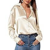 HOTOUCH Women Satin Silk Button Down Shirt Ladies Long Sleeve Tops V Neck Loose Blouse Dressy Business Casual Work Tunic Fall