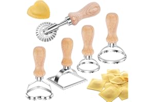 Ravioli Stamp Maker Pasta Cutter, 5 Set Ravioli Cutter Stamps with Roller Wheel, Mold with Wooden Handle and Fluted Edge for 