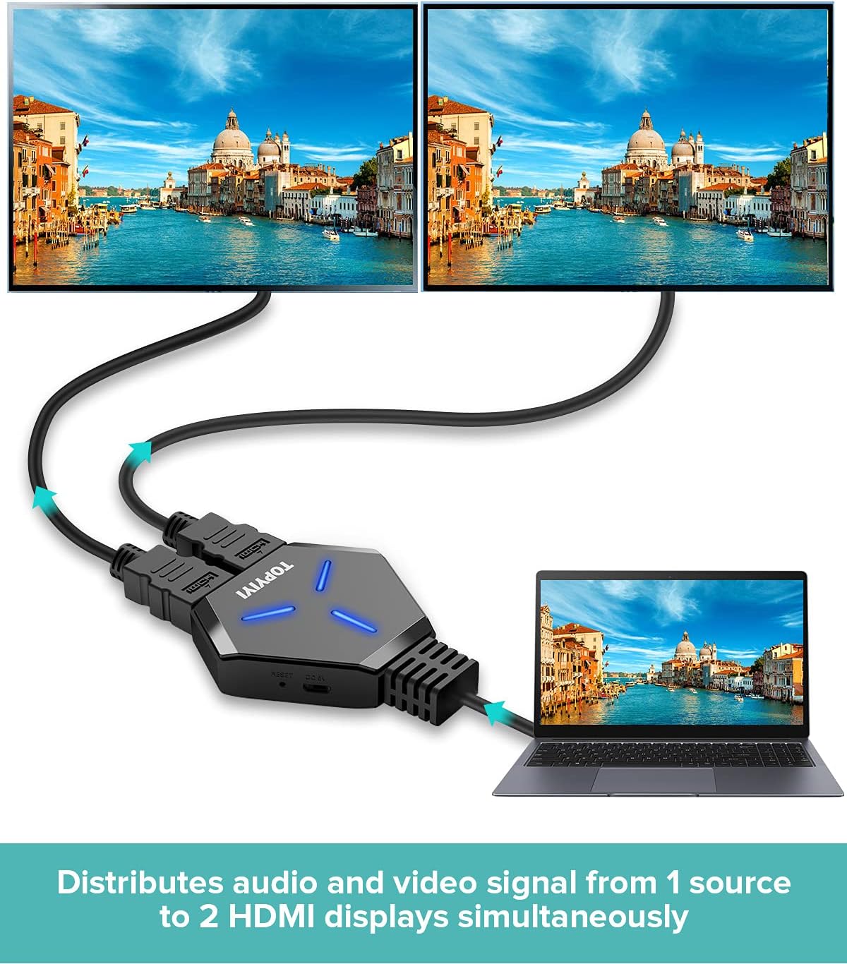 HDMI Splitter 1 in 2 Out, TOPYIYI 4K HDMI Splitter for Dual Monitors with Built-in High Speed Cable, HDCP1.4 Bypass, Supports 4K@30Hz 3D 1080P for Xbox PS4 PS3 Blu-Ray Player Fire Stick Cable Box: Home Audio & Theater
