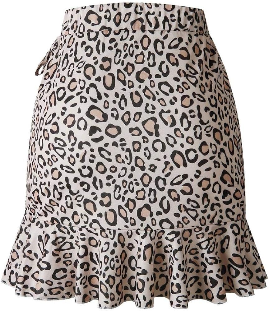Women's Leopard Asymmetrical Ruffles High Waist Printed Cute Summer Casual Mini Skirt: Clothing