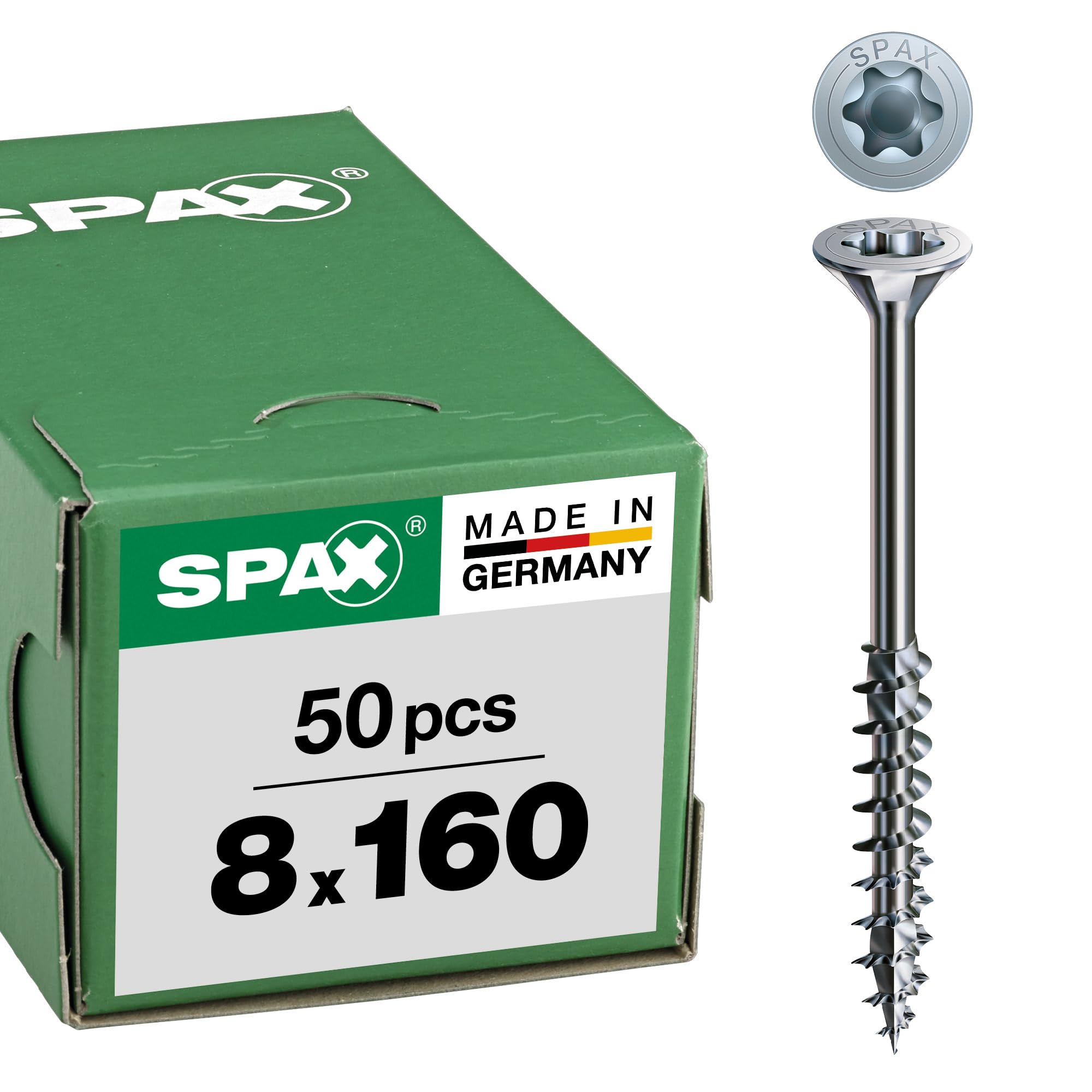 Spax Wood Screw, 8.0 x 160 mm, 50 Pieces, T-Star Plus, countersunk Head, Partial Thread, 4Cut, Wirox A3J, 191010801605. — image 1