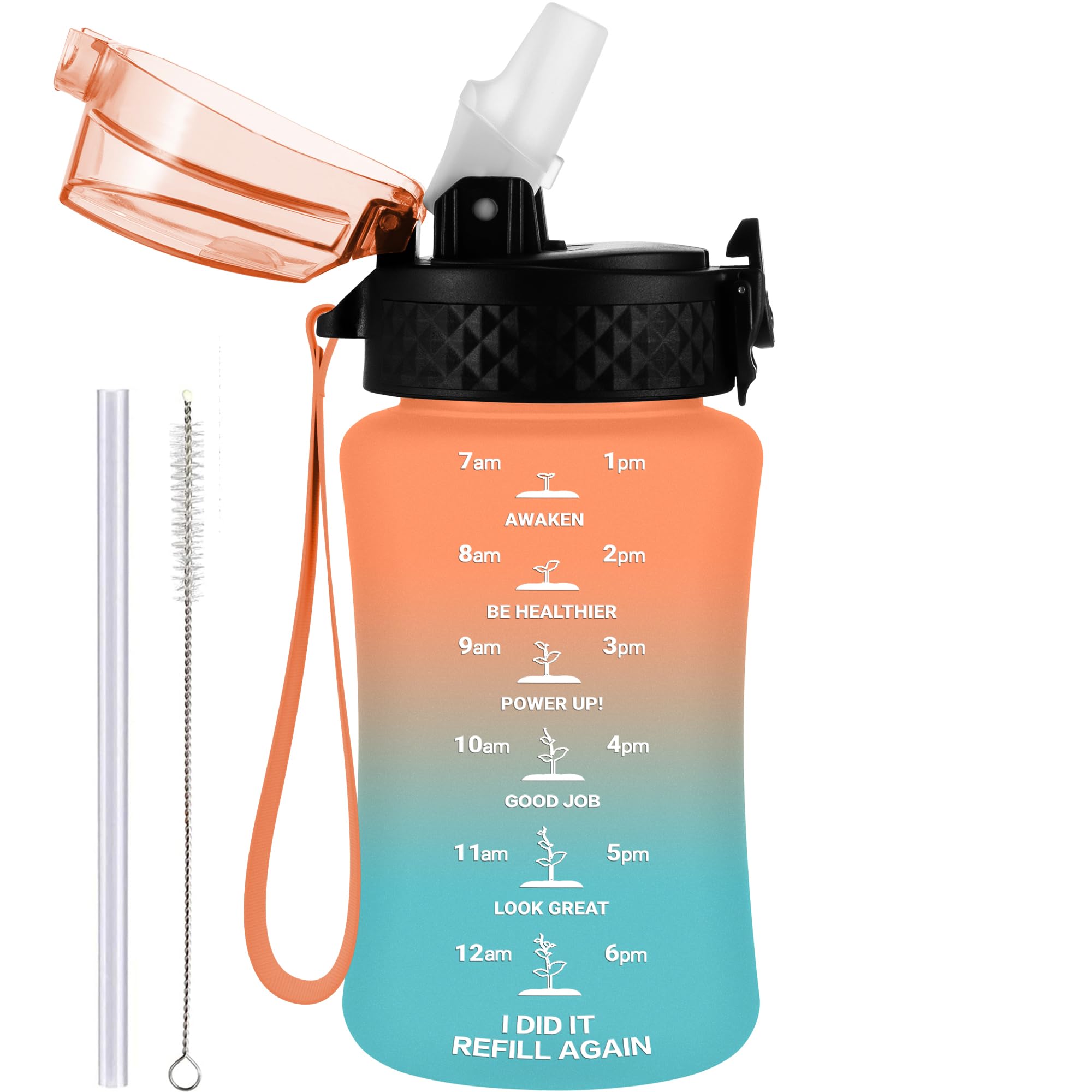 GOPPUS 350ml/12oz Kids Water Bottle With Straw Tritan Drinks Bottle with Strap Small Toddler Juice Bottles with Flip Top Lid Leakproof Children's Cup with Time Marking BPA free Girl Boy (Orange Green) — image 1