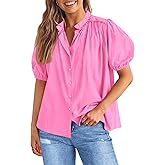 Tankaneo Womens Puff Sleeve Button Down Shirts Cotton Pleated Loose Fit Tops Summer Dressy Casual Blouses