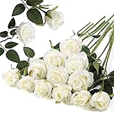 12PCS Artificial Silk Flowers Realistic Roses Bouquet Long Stem for Home Wedding Decoration Party (White -2)