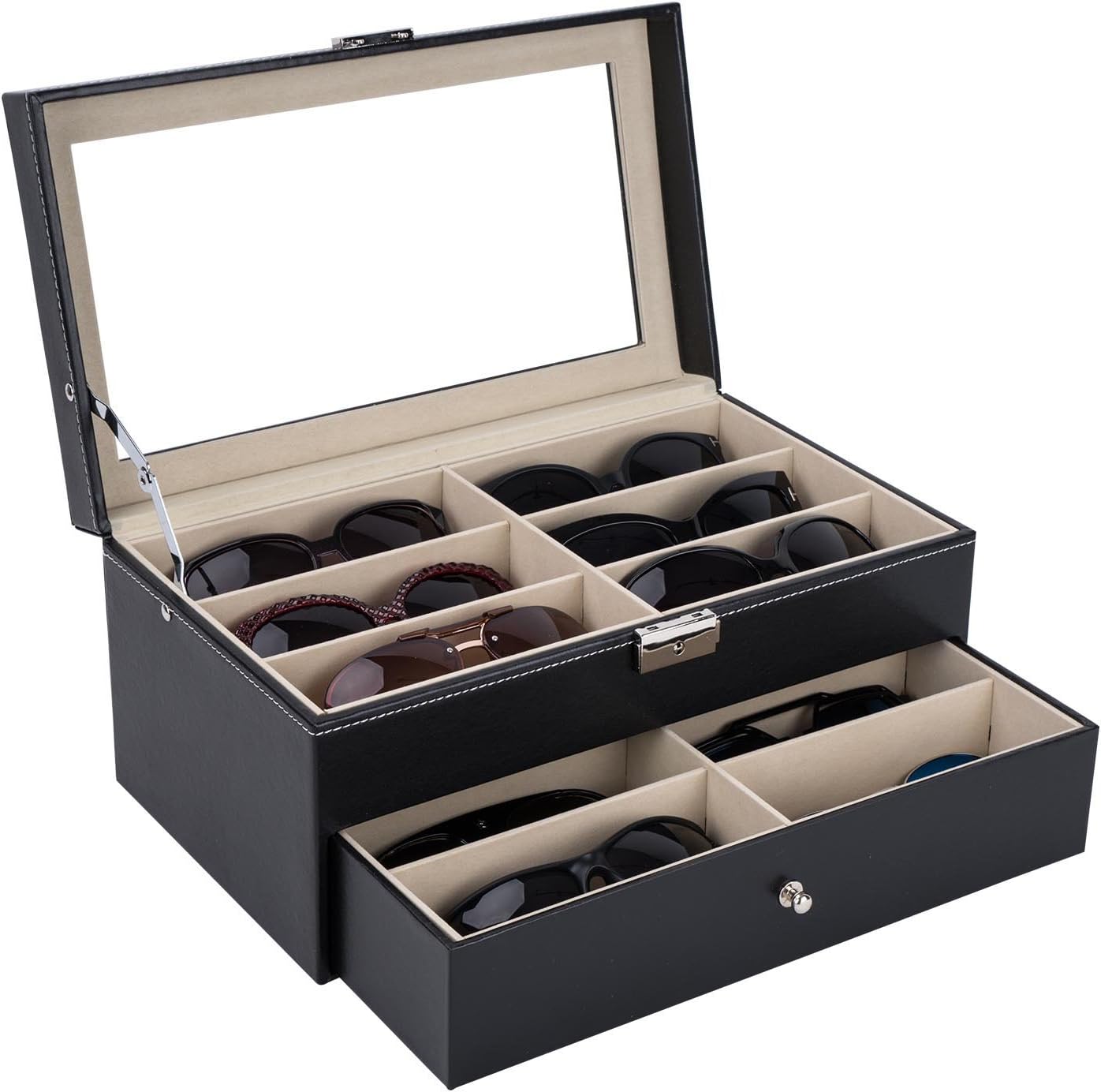 AUTOARK Leather 12 Piece Eyeglasses Storage and Sunglass Glasses Display Drawer Lockable Case Organizer,Black,AW-023: Home & Kitchen