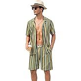 CAALEIS Men’s 2 Piece Casual Beach Set - Striped Short Sleeve Shirt and Shorts Outfit for Summer Vacation Pool Party