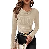 PRETTYGARDEN Women's Long Sleeve Cowl Neck Ribbed Knit Spring Shirts Slim Fit Ruched Going Out Crop Tops Basic T-Shirts