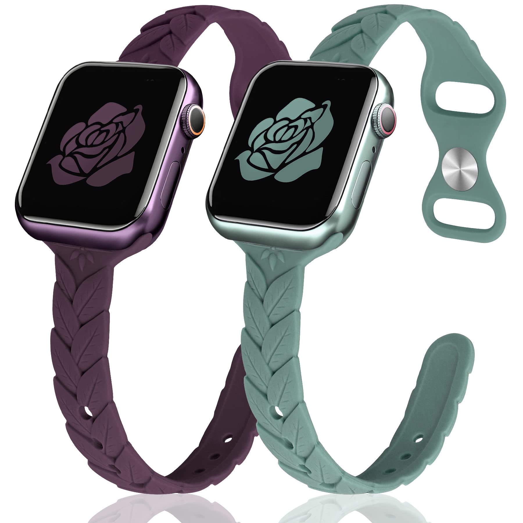Photo 1 of JR.DM 2 Pack Engraved Silicone-Bands Compatible with Apple Watch Band 38mm 40mm 41mm 42mm 44mm 45mm 46mm 49mm, Slim Feminine Fashion Leaf Waterproof Strap,For iWatch Series 10 9 8 7 6 5 4 3 2 1 Women