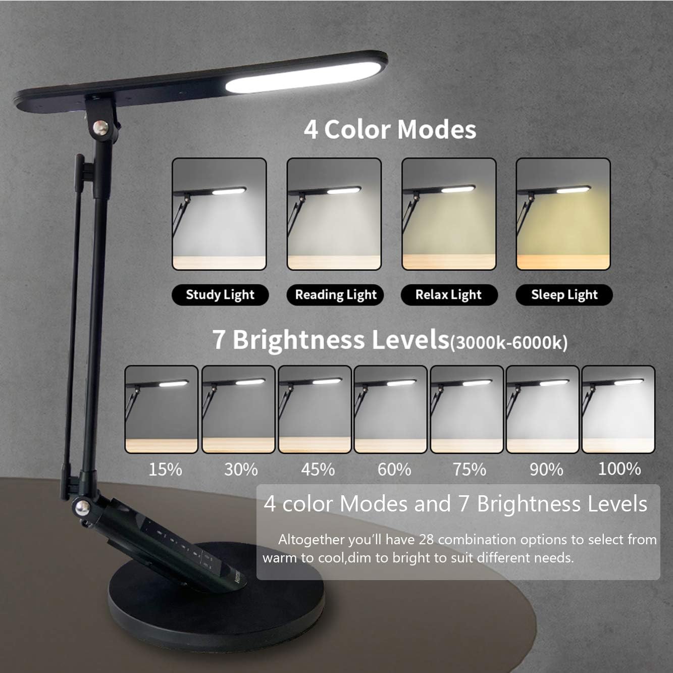 HDTIME Desk LED Lamp with USB Charging Port Touch-Sensitive Control with 1-Hour Timing Function,4 Lighting Modes with 7 Brightness Levels 36PCS LEDs(Black): Home Improvement
