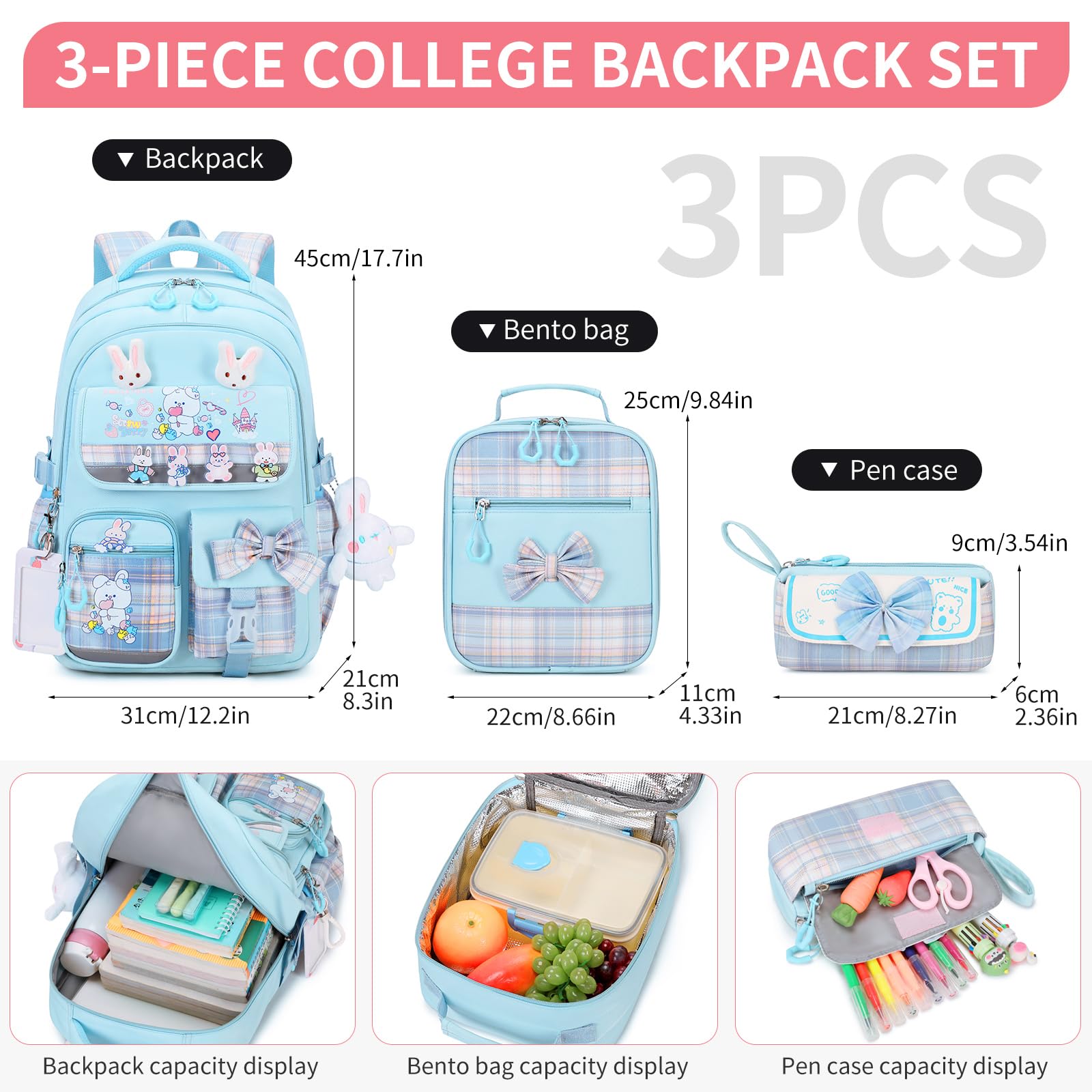 CYOQX Girls Backpack 3pcs School Backpack with Lunch Box Teen Girl Backpack Set Cute Kids School Bag Bookbag for Teen Girls