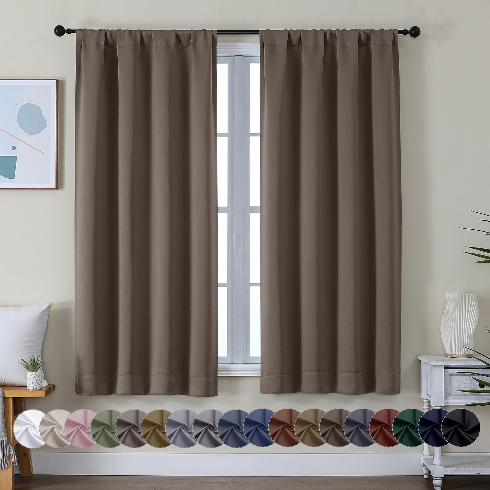 Photo 1 of **POSSIBLE PARTIAL SET/ HAS A CRUSTY STAIN ON 1 SIDE MAYBE FOOD** Simplebrand Ava Brown Blackout Curtains for Bedroom 63 Inch Length 2 Panels Set, Solid Thermal Insulated Energy Saving Rod Pocket Window Treatment Curtains Blackout Drapes, W40 x L63 Inch, 