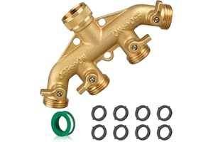 Garden Hose Splitter 4 Way, 3/4" Water Splitter with 8 Gaskets and 1 Seal Tape, 4 Way Independent Valve Heavy Duty Brass Body