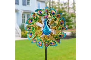 SUNNYGARDEN Wind Spinners Outdoor Peacock, 63 Inch Double-Sided Garden Windmill for Yard with 8 Blue Feather Blades, Large Metal Garden Wind Spinner