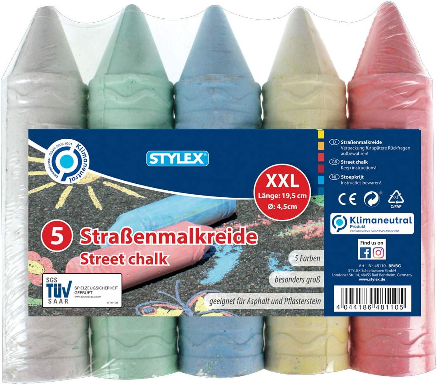 Stylex 48110 - Straßenkreide XXL, extra große Straßenmalkreide für Kinder, 5 Stangen, farbig sortiert, zum Bemalen von Asphalt und Pflasterflächen