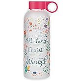 Christian Art Gifts Reusable Frosted Glass Inspirational BPA-Free Water Bottle for Women: All Things Through Christ Scripture Verse, Carry Handle Loop, Twist Cap Lid, Red & Multicolor Floral, 17 oz.
