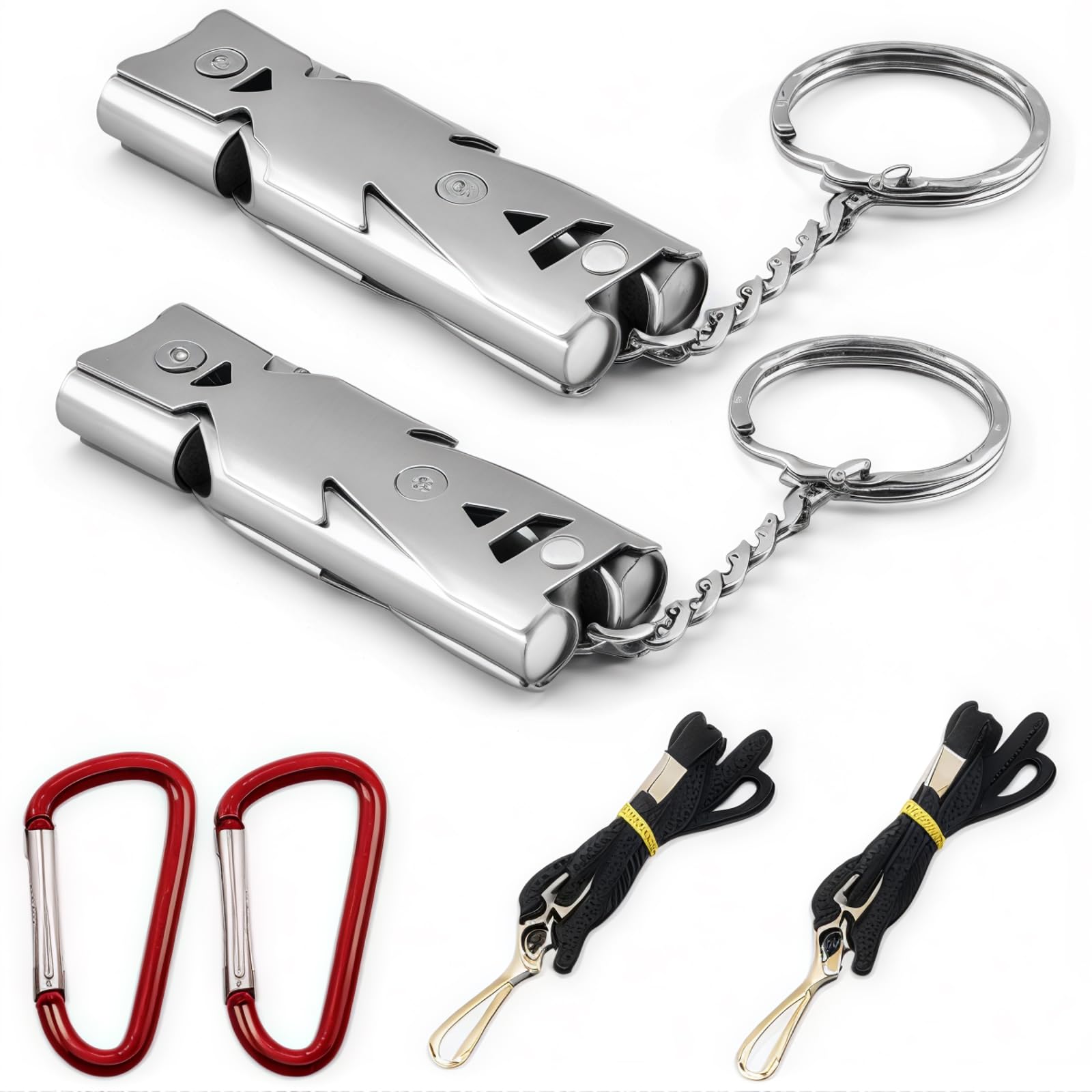 Survival Whistle, CTRICALVER High Decibel Safety whistles with lanyard, keychain, Double Tubes Emergency Whistle Electroplated silver, 80~150dB suitable for School, Gym, Outdoor Camping, Hiking(2 set)