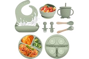 CATVEGUE Baby Led Weaning Supplies, 8 Piece BPA-Free Silicone Feeding Set, Silicone Suction Bowl, Forks & Spoons, Bib & Cup, Develops Self Feeding Skills, Dishwasher Safe, for 6+ Months (Green)