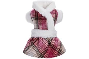 FETTORLER Dog Sweaters for Small Dogs Girl Dog Dress Sweater Winter Puppy Clothes Cold Weather Dog Coat Fleece Warm Pet Outfit Skirt for Chihuahua Yorkie Teacup Plaid Cat Apparel (Small, Rose Red)