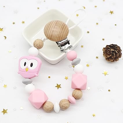 Emmaboo Attache Tetine Hibou En Perles De Bois Naturel Et Silicone Sans Bpa Attache Sucette