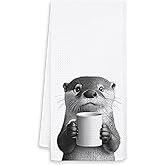 OSLYSOF Funny Coffee Otter Kitchen Towels, Gifts for Otter Lovers Dish Tea Towel for Kitchen Coffee Bar Station Decor, Coastal Beach Hand Towels, 16x24 Inch