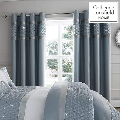 Catherine Lansfield Sequin Cluster Eyelet Curtains Duck Egg 66x72