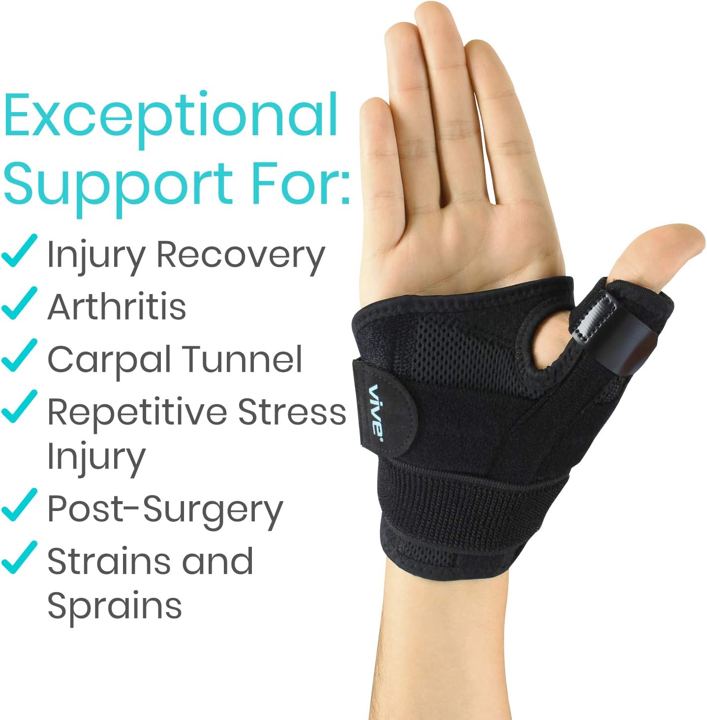 Vive Arthritis Thumb Splint - Thumb Spica Support Brace for Pain, Sprains, Strains, Arthritis, Carpal Tunnel & Trigger Thumb Immobilizer - Wrist Strap - Left or Right Hand (Black): Health & Personal Care