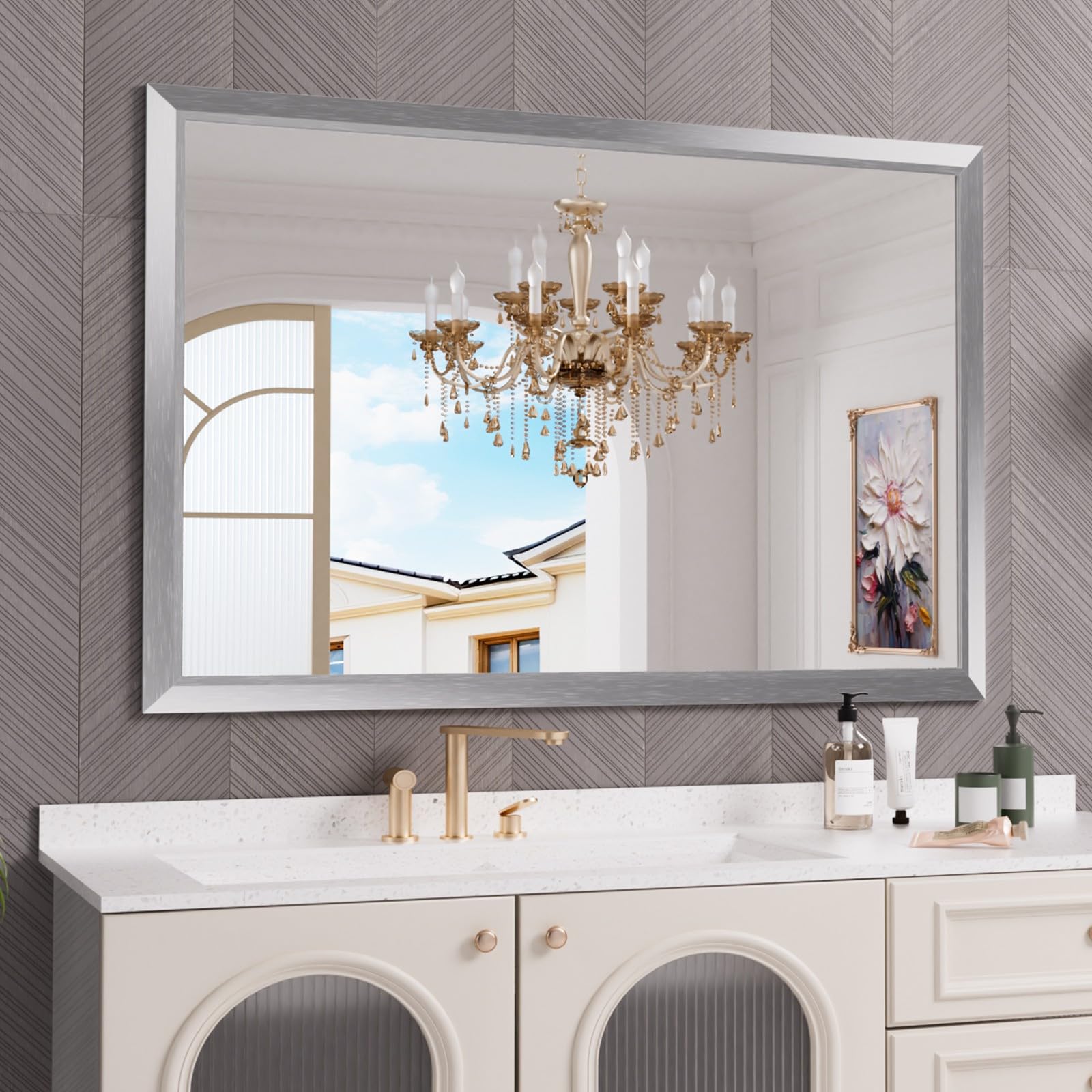 Amorho 60 X40 Inch Bathroom Mirror Silver, Thick Metal Framed Wall ...