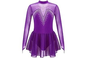 JanJean Kids Girls Figure Ice Skating Dress Long Sleeve Sparkly Rhinestone Mesh Splice Gymnastics Leotard Dress Dancewear