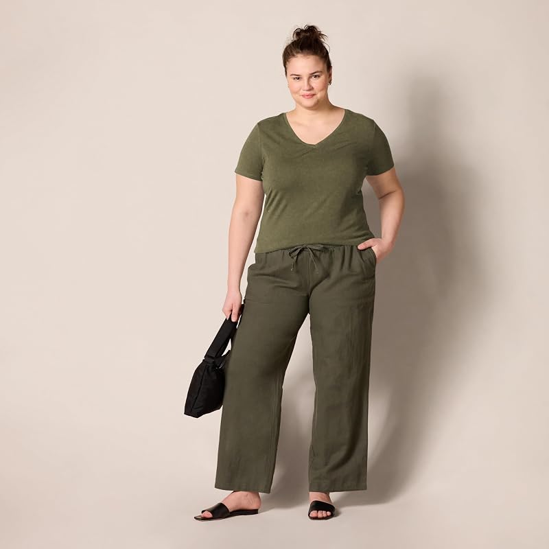Damen T-Shirt Regular Fit mit kurzen Ärmeln und V-Ausschnitt, 2er-Pack, Olivgrün/Haferbeige Meliert, M