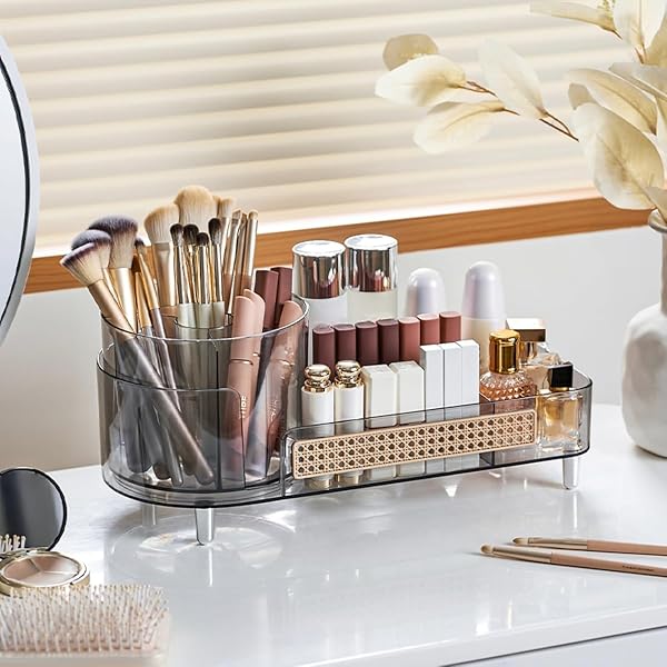 BOOKLOV ROTATING MAKEUP ORGANIZER FOR VANITY, LARGE CAPACITY COSMETIC DISPLAY CASE, CLEAR ACRYLIC COUNTERTOP BEAUTY STORAGE HOLDER FOR SKINCARE, BRUSH EYELINER LIPSTICK, COUNTER TABLE, CRYSTAL BLACK